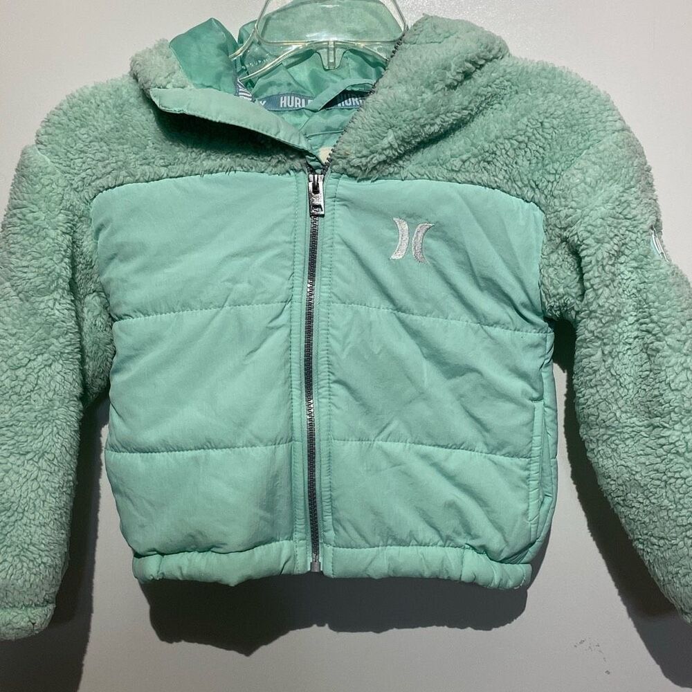 Hurley Kids Mint Green Sherpa Mixed Media Puffer Jacket Hooded Size 5 4-5 Yrs